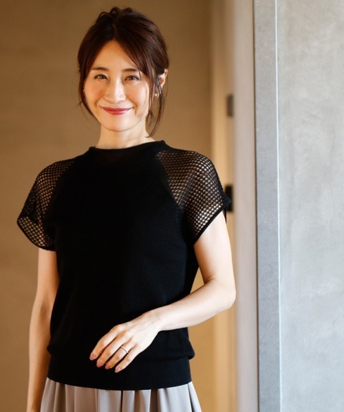 ニット セーター 透け感がオトナ新ニットTシャツ肩メッシュトップス レディース 透け感がオトナ新ニットTシャツ肩メッシュトップス（ニット