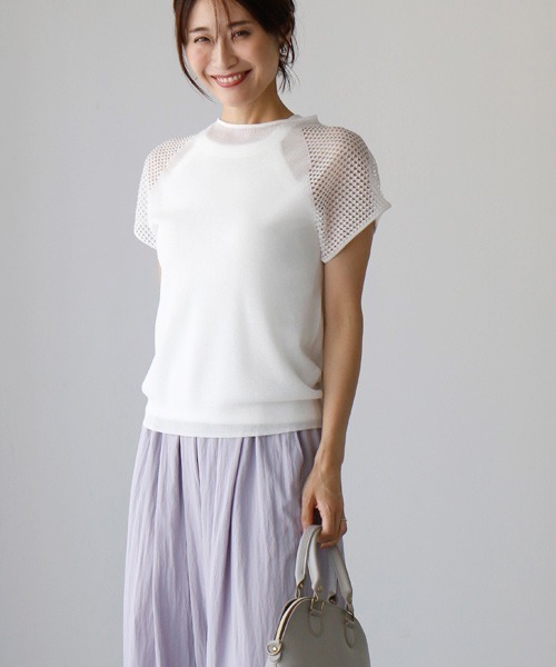 ニット セーター 透け感がオトナ新ニットTシャツ肩メッシュトップス レディース 透け感がオトナ新ニットTシャツ肩メッシュトップス（ニット