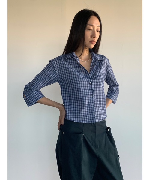 Didot.showroom(ディドット ショールーム)の「ラウンドヘムスリムシャツ(シャツ/ブラウス・レディース・ネイビー/ホワイト・FREE)」の1枚目の写真