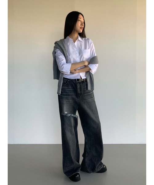 Didot.showroom(ディドット ショールーム)の「ラウンドヘムスリムシャツ(シャツ/ブラウス・レディース・ネイビー/ホワイト・FREE)」の16枚目の写真