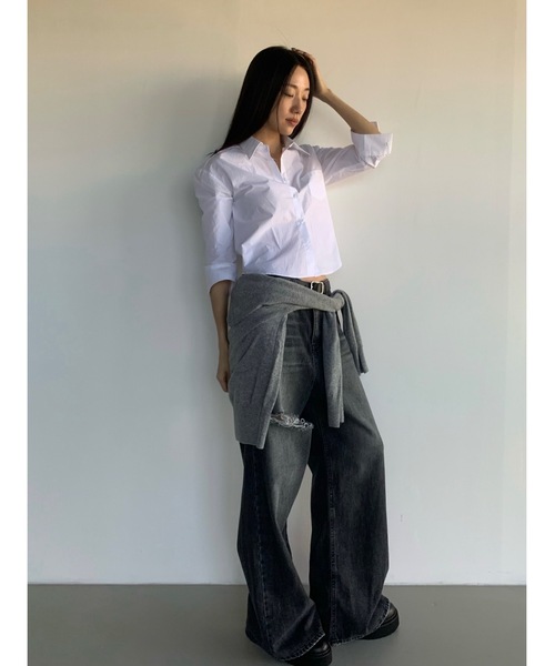 Didot.showroom(ディドット ショールーム)の「ラウンドヘムスリムシャツ(シャツ/ブラウス・レディース・ネイビー/ホワイト・FREE)」の15枚目の写真
