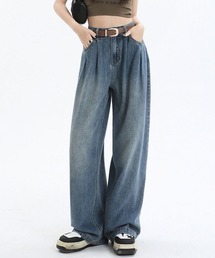 ハイウエスト ワイド ストレート デニム パンツ ウォッシュ加工 ヴィンテージ