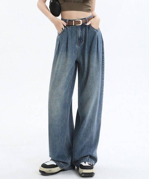 SEU(エスイーユー)の「ハイウエスト ワイド ストレート デニム パンツ ウォッシュ加工 ヴィンテージ(デニムパンツ・レディース・チャコール/ライトブルー/ブルー・S/M/XL/L)」の3枚目の写真