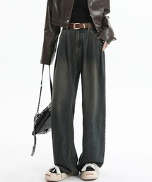 ハイウエスト ワイド ストレート デニム パンツ ウォッシュ加工 ヴィンテージ
