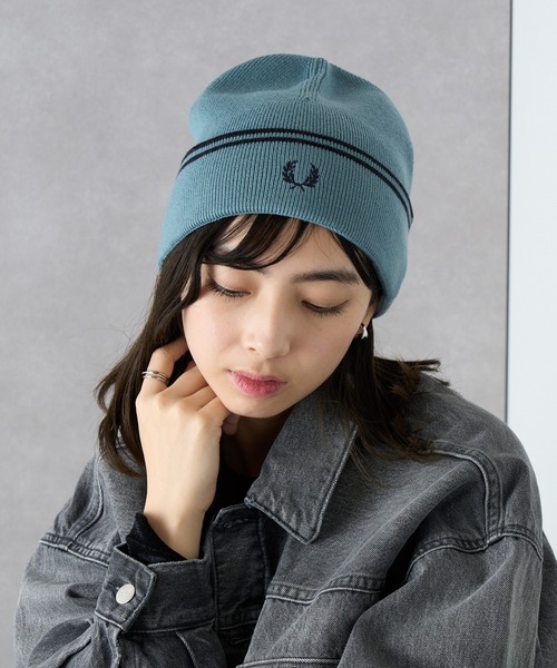 フレッドペリー ニット帽 青黒ストライプ セール】【FRED PERRY】TWIN TIPPED MERINO WOOL BEANIE フレッド