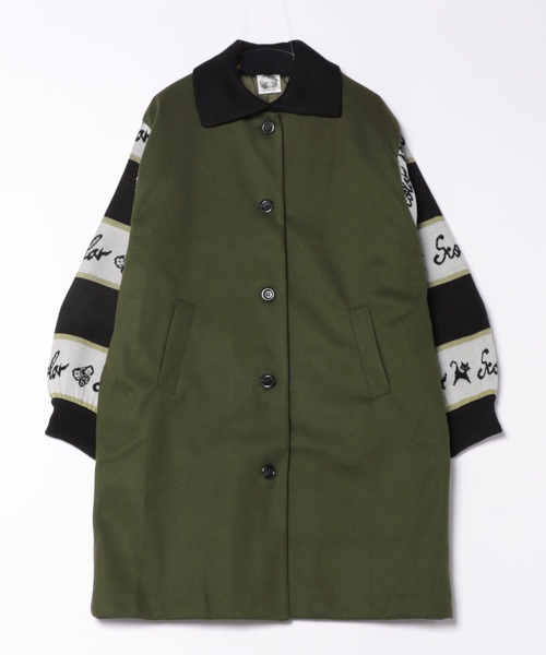 ScoLar（スカラー）の「143684：ネコ蝶ロゴライン ジャガードニット切替コート（その他アウター・レディース・ブラック/カーキ・M）」の2枚目の写真