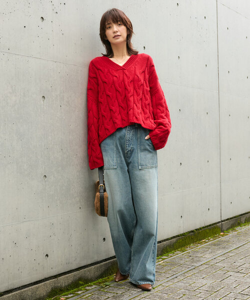 RIVE DROITE（リヴドロワ）の「【インせずきまる】ケーブルVニット（ニット/セーター・レディース・ブラック/アイボリー/レッド・FREE）」の17枚目の写真