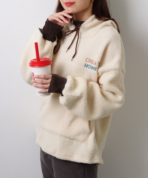 ボア ロゴ 刺繍 ビッグシルエット プルオーバー トップス（パーカー