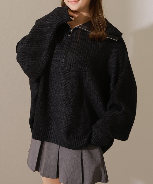 セール】ミックスカラー ハーフジップ 長袖 ニット プルオーバー