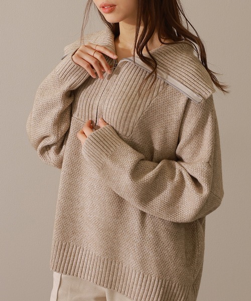 セール】ミックスカラー ハーフジップ 長袖 ニット プルオーバー