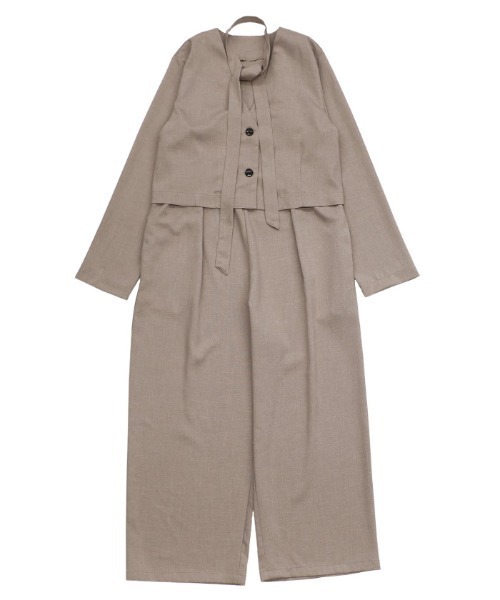 select moca【美品】 ベージュ オーバーサイズ ノーカラー セット セール】【Et】ノーカラージャケットサロペットセットアップ