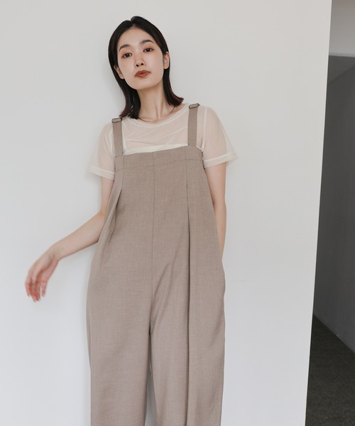 select moca【美品】 ベージュ オーバーサイズ ノーカラー セット セール】【Et】ノーカラージャケットサロペットセットアップ