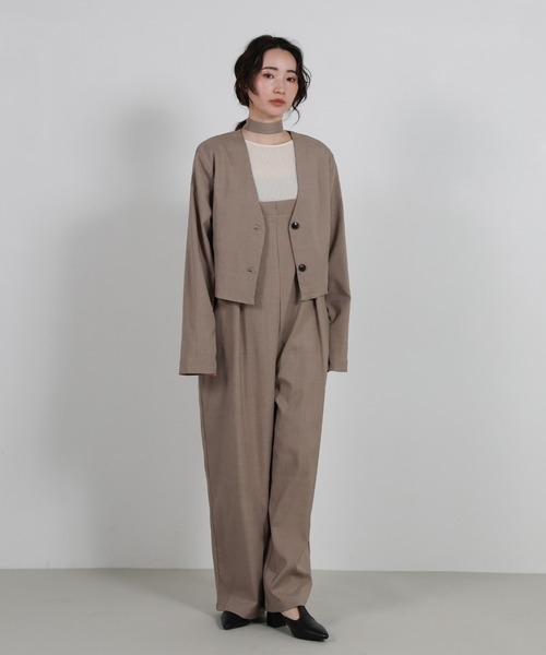 ベージュ フード付きジャケットとオーバーオールセット セール】【Et】No-Collar Jacket Overalls Set（サロペット