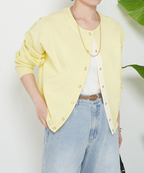 Jena espace merveilleux(ジェナ エスパスメルヴェイユ)の「【前後2WAY仕様/ロングシーズン着れる!】ビハイ袖メッシュ2WAYカーディガン(カーディガン/ボレロ・レディース・オフホワイト/ブラック/グレー/パープル/ブラウン/イエロー・FREE)」の1枚目の写真