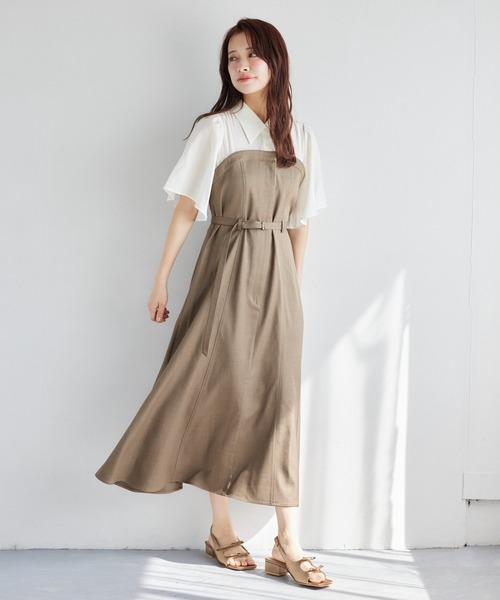 mysty woman（ミスティウーマン）の「［追加1］フレアスリーブドッキングワンピース  328280（ワンピース・レディース・ベージュ/ダークブラウン/チャコールグレー・FREE）」の9枚目の写真