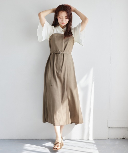 mysty woman（ミスティウーマン）の「［追加1］フレアスリーブドッキングワンピース  328280（ワンピース・レディース・ベージュ/ダークブラウン/チャコールグレー・FREE）」の10枚目の写真