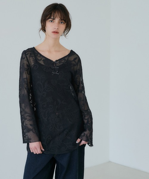 coca（coca）（コカ）の「フロッキーレースチュニック（Tシャツ/カットソー・レディース・ブラック/アイボリー・L/M）」の8枚目の写真