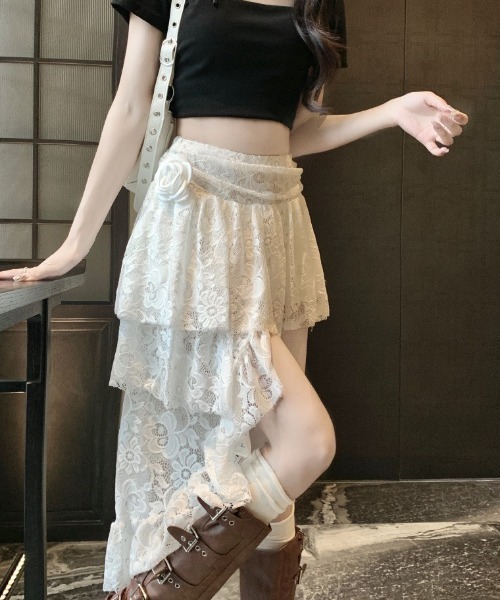 lilful(リルフル)の「【インパン付き】フラワーレースアシメトリー ティアードスカート(スカート・レディース・ホワイト/ブラック・S/M)」の7枚目の写真