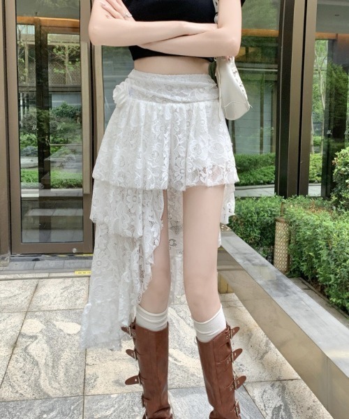 lilful(リルフル)の「【インパン付き】フラワーレースアシメトリー ティアードスカート(スカート・レディース・ホワイト/ブラック・S/M)」の18枚目の写真