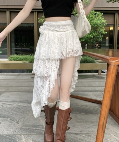 lilful(リルフル)の「【インパン付き】フラワーレースアシメトリー ティアードスカート(スカート・レディース・ホワイト/ブラック・S/M)」の11枚目の写真