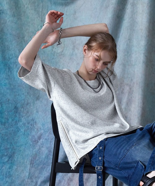 SERACE（セラス）の「【SERACE】Loose silhouette side zip tweed short sleeve t-shirt / ルーズシルエットサイドジップツイード半袖Tシャツ（Tシャツ/カットソー・メンズ・ブラック/ホワイト・S/M/L）」の21枚目の写真