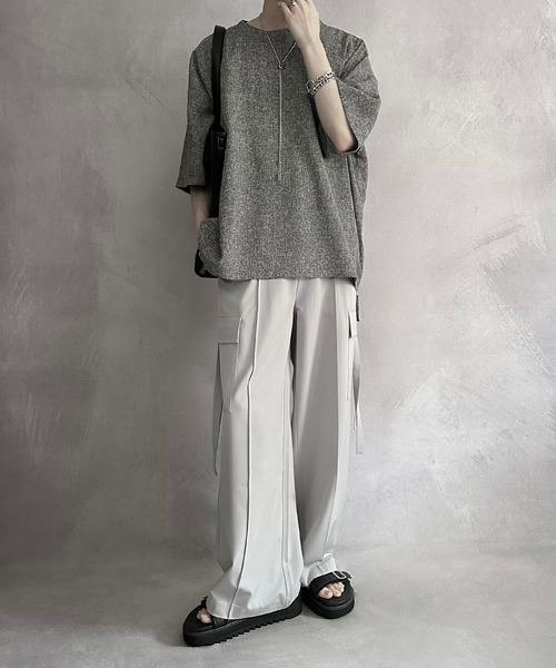 SERACE（セラス）の「【SERACE】Loose silhouette side zip tweed short sleeve t-shirt / ルーズシルエットサイドジップツイード半袖Tシャツ（Tシャツ/カットソー・メンズ・ブラック/ホワイト・S/M/L）」の4枚目の写真