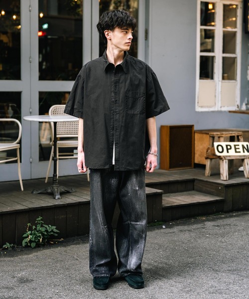 Rocky Monroe(ロッキーモンロー)の「オーバーサイズ ピグメントダイ加工 レギュラーカラー半袖ブロードシャツ(シャツ/ブラウス・メンズ・ブルー/ピンク/ブラック/ネイビー/グレー・M/L/XL)」の11枚目の写真