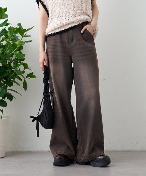 w closet（ダブルクローゼット）の「【2サイズ展開】サイドラインジャガードデニムパンツ（デニムパンツ・レディース・ブルー/ブラウン・0/1）」の3枚目の写真