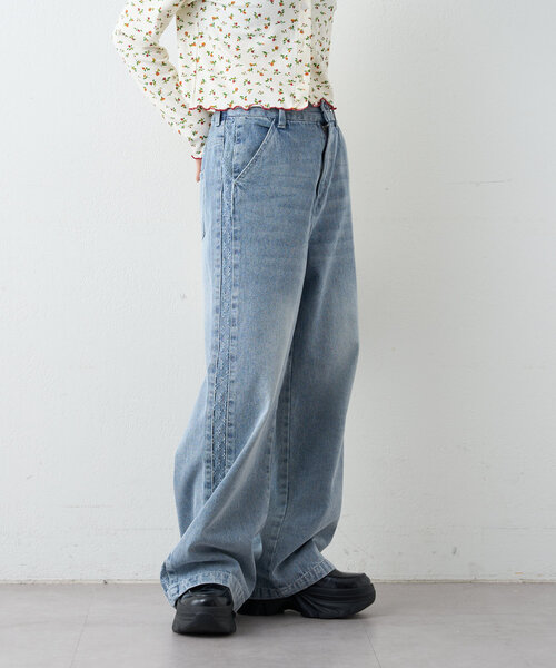 w closet（ダブルクローゼット）の「【2サイズ展開】サイドラインジャガードデニムパンツ（デニムパンツ・レディース・ブルー/ブラウン・0/1）」の18枚目の写真