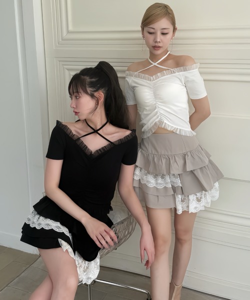 ROYAL PARTY（ロイヤルパーティー）の「レースレイヤードラッフルミニスカート（スカート・レディース・グレー/ブラック/ベージュ・FREE）」の5枚目の写真