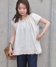 cotton frill hem blouse /コットン 裾フリル ギャザー フレンチスリーブ ブラウス