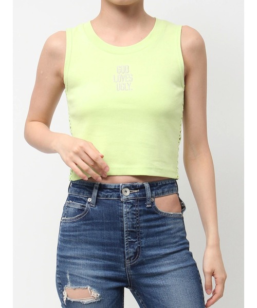 GYDA（ジェイダ）の「GOD LOVES UGLYサイドレースタンクトップ（タンクトップ・レディース・オフホワイト/ブラック/ライム・FREE）」の3枚目の写真