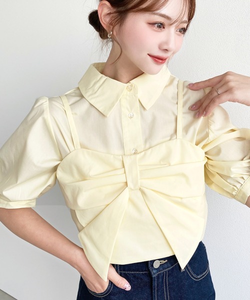 moment+(モーメントプラス)の「無地&マルチストライプリボンビスチェセット半袖シャツブラウス(シャツ/ブラウス・レディース・ピンク系その他/イエロー系その他/ブルー系その他/イエロー/ピンク/オフホワイト/ブラック・M/L)」の4枚目の写真
