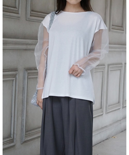 Alt due(オルトデュー)の「【Alt due/オルト デュー】シアースリーブプルオーバー/長袖カットソー(Tシャツ/カットソー・レディース・ホワイト/ブラック・FREE)」の3枚目の写真