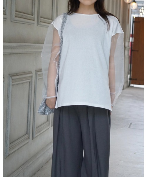 Alt due(オルトデュー)の「【Alt due/オルト デュー】シアースリーブプルオーバー/長袖カットソー(Tシャツ/カットソー・レディース・ホワイト/ブラック・FREE)」の4枚目の写真