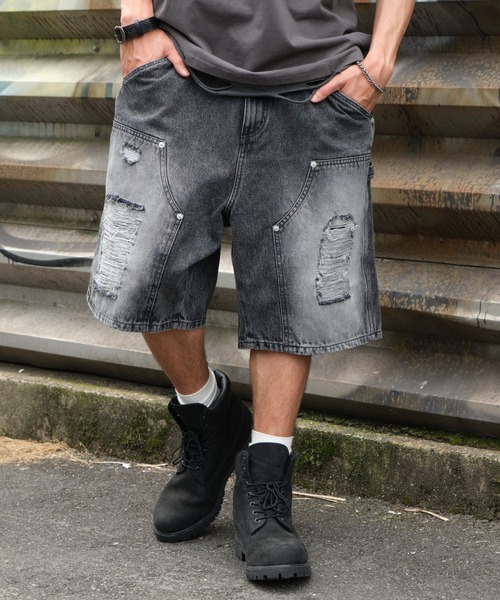 WEGO（ウィゴー）の「WEGO/ダブルニーダメージデニムショーツ（デニムパンツ・メンズ・コバルトブルー/ブラック系3・MEDIUM/LARGE）」の2枚目の写真