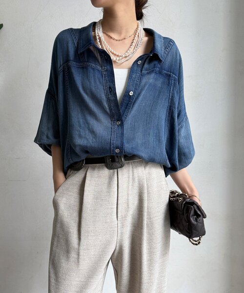 DouDou（ドゥドゥ）の「袖リブシアーデニムドロストシャツ（シャツ/ブラウス・レディース・サックスブルー/ブルー・FREE）」の17枚目の写真