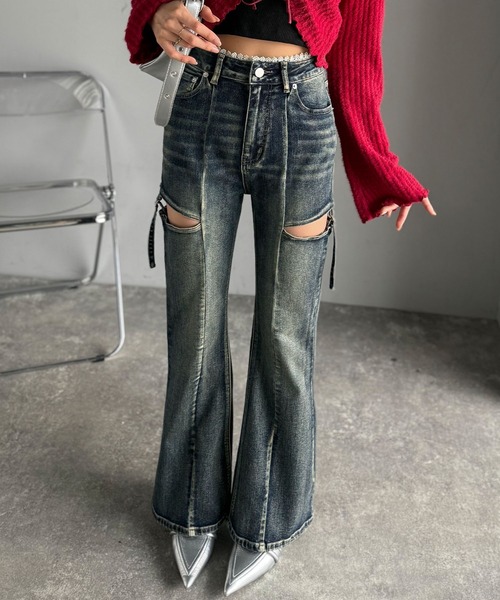 mily bilet（ミウィビレット）の「【mily bilet】甘すぎないスリットで肌魅せ美脚。ウエストピコレースカットアウトリボン使いデニムパンツ（デニムパンツ・レディース・その他1/ブラック系その他2/ブルー・LARGE/MEDIUM/SMALL/X-LARGE）」の21枚目の写真