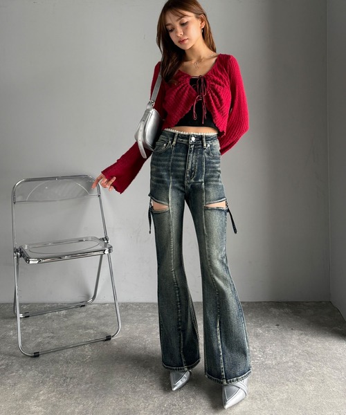 mily bilet（ミウィビレット）の「【mily bilet】甘すぎないスリットで肌魅せ美脚。ウエストピコレースカットアウトリボン使いデニムパンツ（デニムパンツ・レディース・その他1/ブラック系その他2/ブルー・LARGE/MEDIUM/SMALL/X-LARGE）」の15枚目の写真