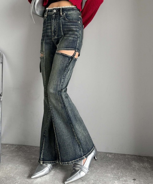 mily bilet（ミウィビレット）の「【mily bilet】甘すぎないスリットで肌魅せ美脚。ウエストピコレースカットアウトリボン使いデニムパンツ（デニムパンツ・レディース・その他1/ブラック系その他2/ブルー・LARGE/MEDIUM/SMALL/X-LARGE）」の17枚目の写真