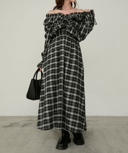 ルミニョン　ワンピース　チェック　S Cherir Mignon】2wayオフショルギャザーチェック柄ワンピース