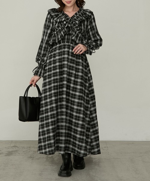 Cherir Mignon】2wayオフショルギャザーチェック柄ワンピース