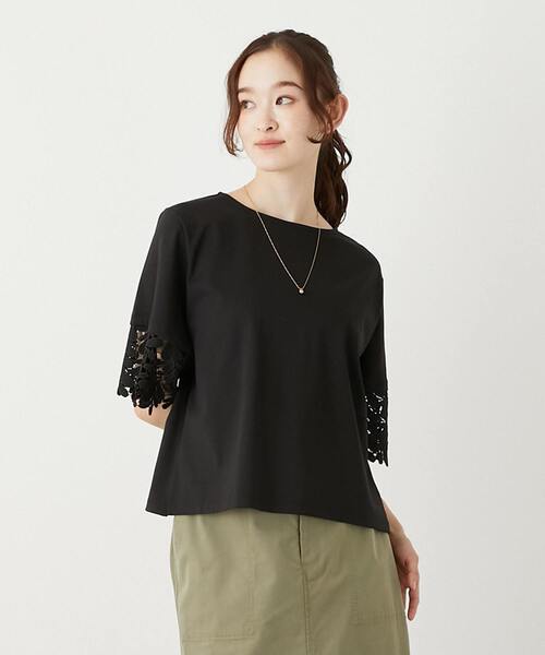 MELROSE claire（メルローズ クレール）の「【ケミカルレース切替スリーブプルオーバー】（Tシャツ/カットソー・レディース・オフホワイト/ブラック・FREE）」の2枚目の写真