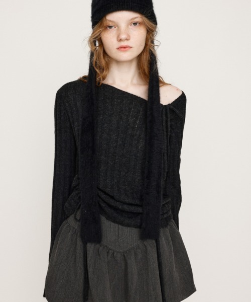 セール】【限定カラーあり】GATHER RIBBON KNIT TOPS ギャザー リボン