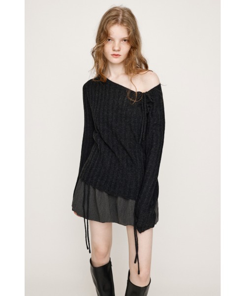 SLY（スライ）の「【限定カラーあり】GATHER RIBBON KNIT TOPS ギャザー リボン ニットトップス 秋服 冬服（ニット/セーター・レディース・ライトブルー/杢グレー/ホワイト/ライトブラック/ブラウン・FREE）」の6枚目の写真