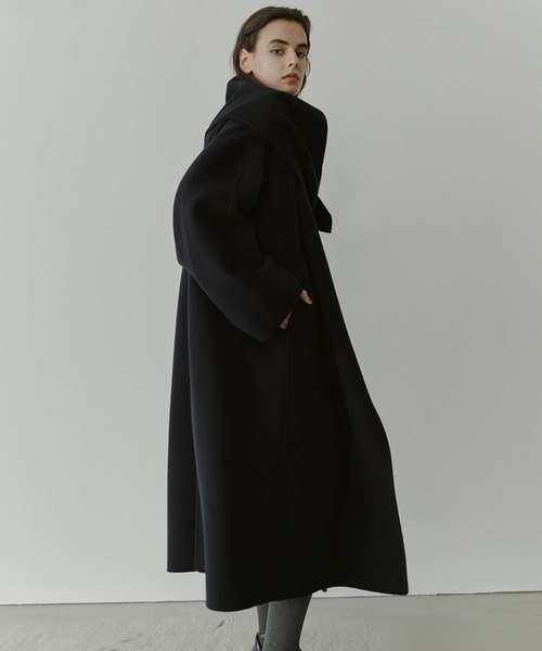 2点おまとめ⭐︎ジッパー付ハイネックスカーフ＆ウールブレンドロングコート(M) ダブルフェイスラップコートw/マッチングスカーフ / Double-Face Wrap