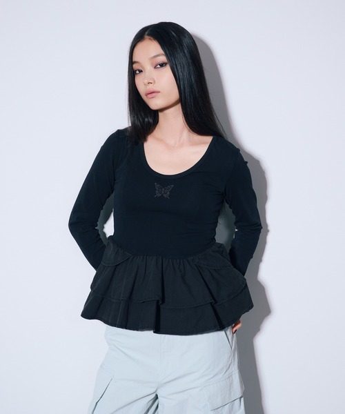 ANNA SUI NYC(アナ スイ エヌ ワイ シー)の「ペプラムテレコトップス(Tシャツ/カットソー・レディース・ブラウン/ホワイト/ブラック・FREE)」の1枚目の写真