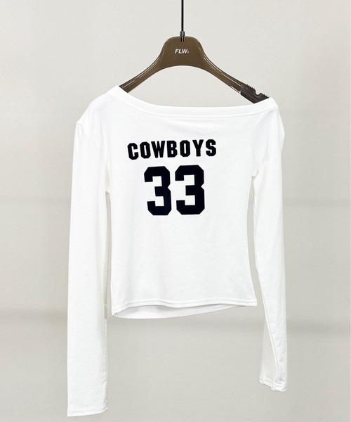FOLLOWIN（フォロウィン）の「6color/ナンバリングロゴ ワンオフショルダー長袖Ｔシャツ（Tシャツ/カットソー・レディース・ブラック/ワインレッド/ブラウン/ホワイト/グレー/ネイビー・FREE）」の9枚目の写真