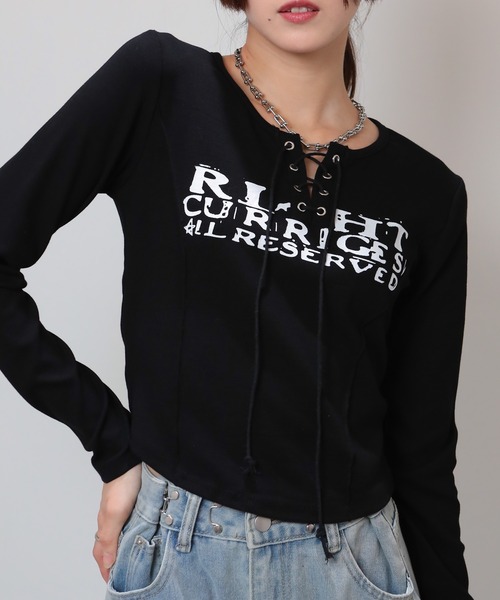 pumpkin port(パンプキンポート)の「ロゴプリント ハトメ&スピンドルリボン テレコロンT(Tシャツ/カットソー・レディース・ベージュ/グレー/ブラック/ワインレッド/ブラウン/ホワイト・M)」の3枚目の写真