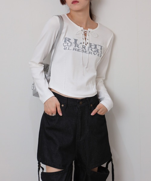 pumpkin port(パンプキンポート)の「ロゴプリント ハトメ&スピンドルリボン テレコロンT(Tシャツ/カットソー・レディース・ベージュ/グレー/ブラック/ワインレッド/ブラウン/ホワイト・M)」の8枚目の写真